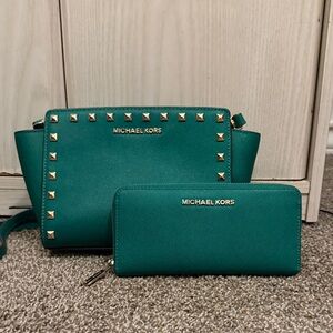 Michael Kors Green Studded Crossbody Bag and Wallet